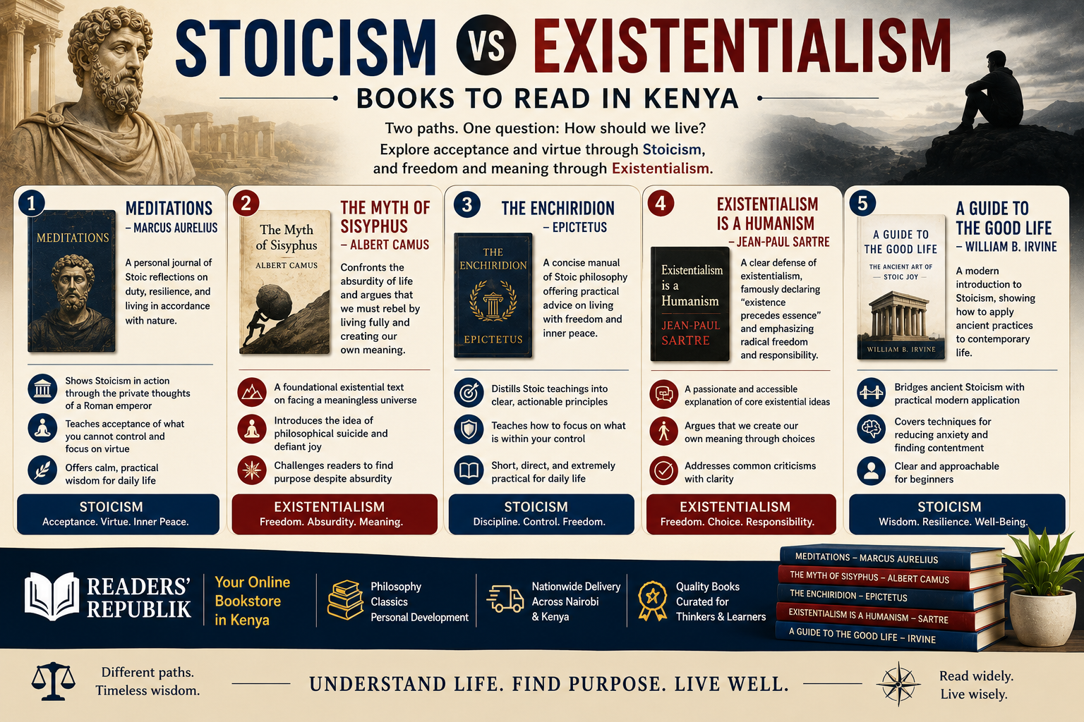 Stoicism vs Existentialism: Best Philosophy Books to Read in Kenya.